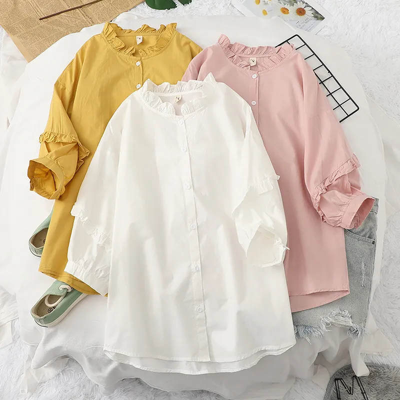 HSA blouses för kvinnor mode vita skjortor rosa peter pan krage söt ren bomull sommar topp chic hajuku blus 210430