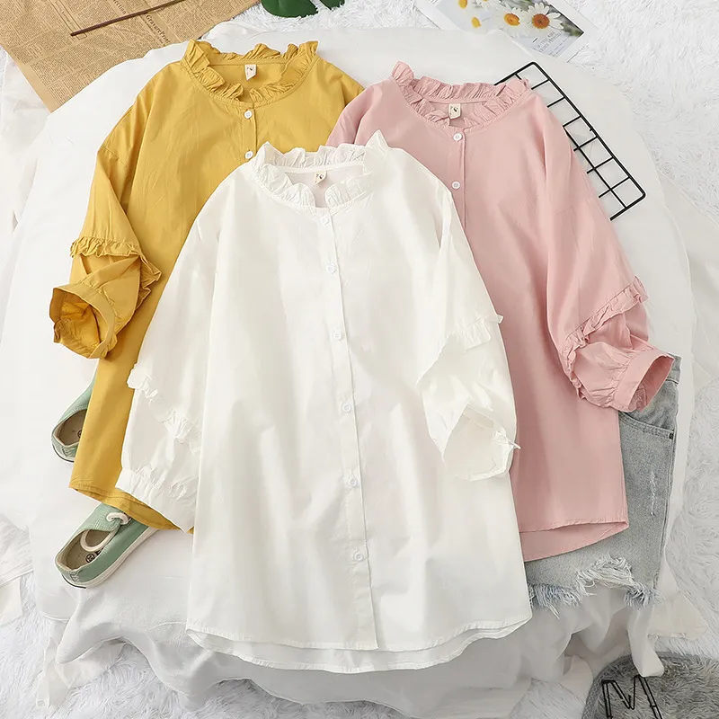 Hsa Blouses for Women Fashion White Shirts Pink Peter Pan Collar Cute Pure Cotton Summer Top Chic Harajuku Blouse 210430