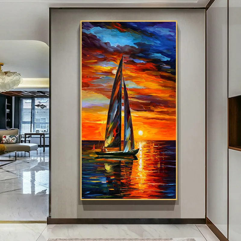 Décorations murales de paysage moderne, peinture sur toile pour salon, bateau, océan, coucher de soleil, ciel rouge, peinture à l'huile, décoration nordique pour la maison9201082