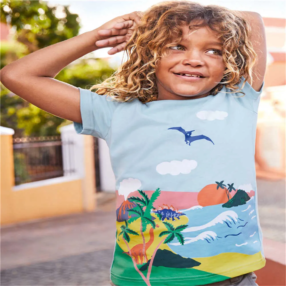 Jumping Metros Rosa Dinossauros Imprimir Moda Meninas Tees Para O Verão Bebê Roupa De Algodão T Camisas Dos Desenhos Animados Da Criança Tops 210529