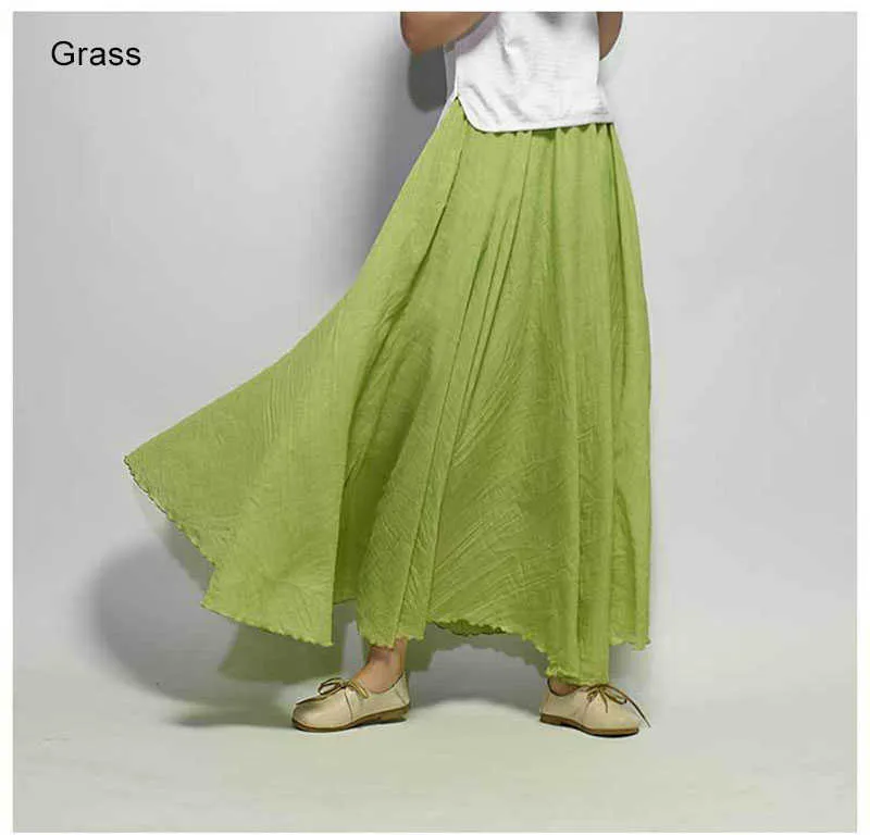 Women's Elegant High Waist Linen Maxi Skirt Summer Ladies Casual Elastic 2 Layers Skirts saia feminina SK53 210621