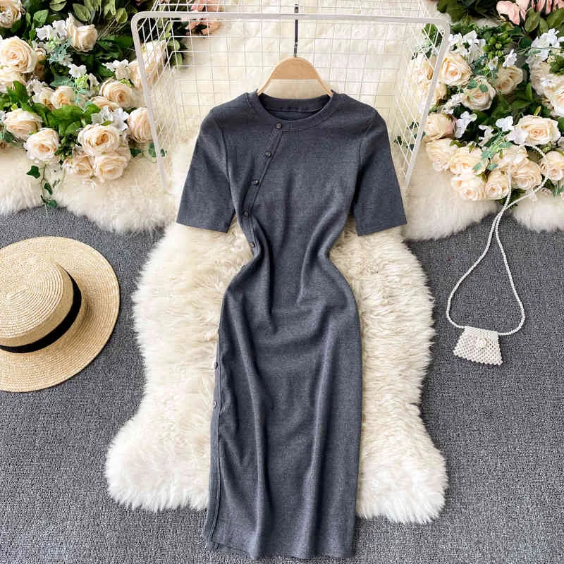 SINGREINY Women Design Breasted Pencil Dress O Neck Short Sleeve Elegant Slim Dresses Summer Sexy Split Streetwear Short Dress 210419