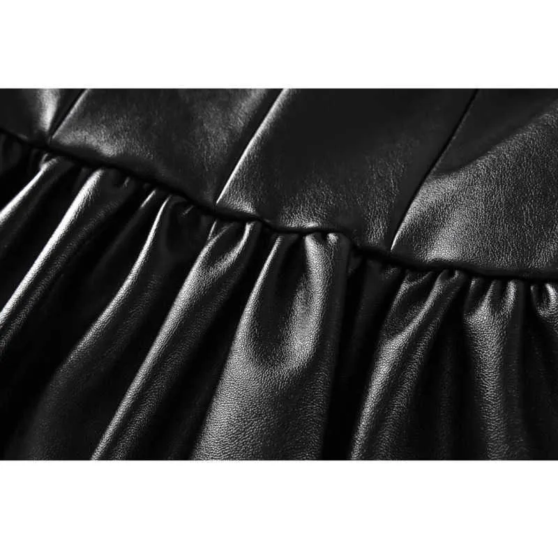 [Дикс] Весна лето черный искусственная кожа A-Line сращивание высокой талии Нерегулярное чистая пряжа платье женщины мода 13C419 210527