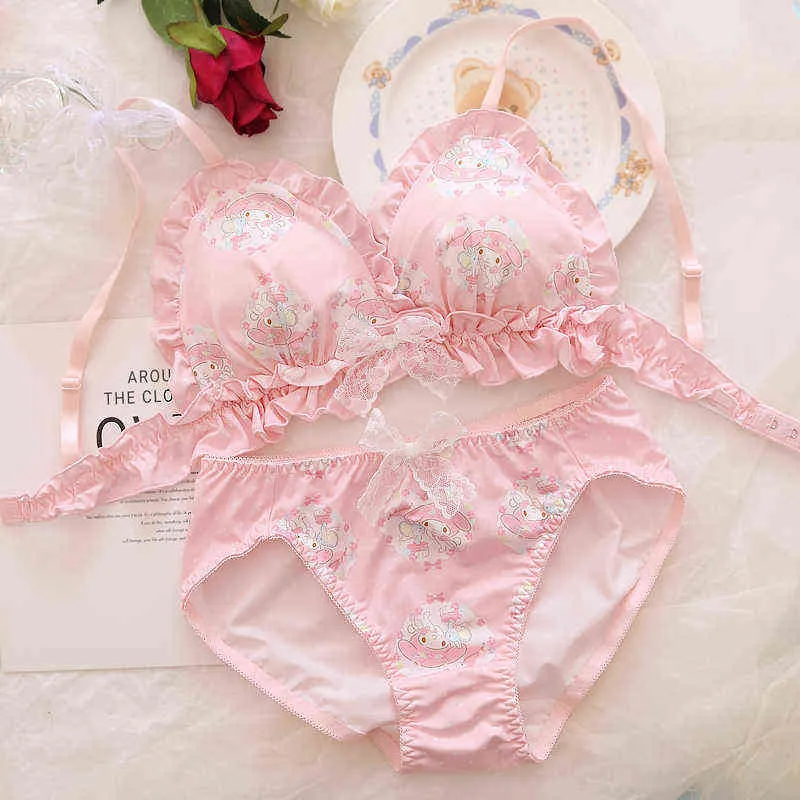 NXY Seksi Set Lolita kadın Sevimli Süt Fırfır Anime Baskı Sutyen Külot Lingerie Set Japon Kız S Külot Iç Çamaşırı Güzel Pembe 1128