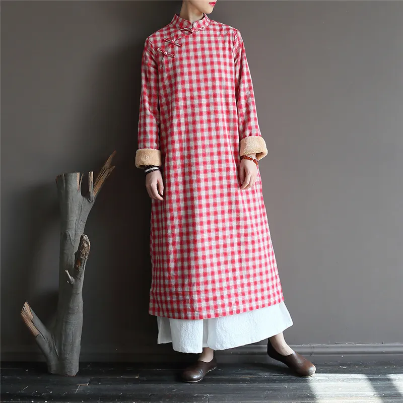 Johnature Femmes Vintage Robe Stand Robe à manches longues Robes chaudes de style chinois en coton en coton en coton en chinois