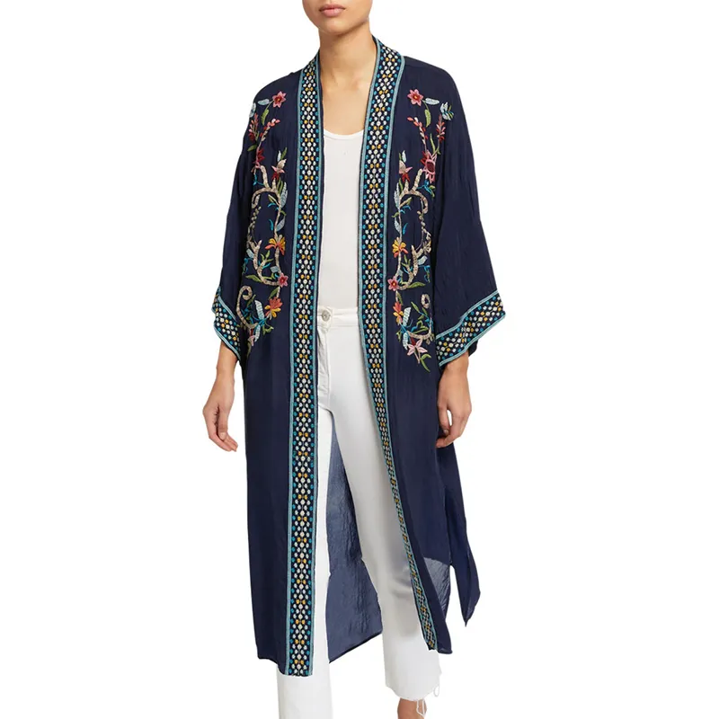 Badkläder täcker bohemian tryckt lång kimono bomull öppen främre kvinnor plus storlek strand slitage baddräkt täcker upp Q1146 210420