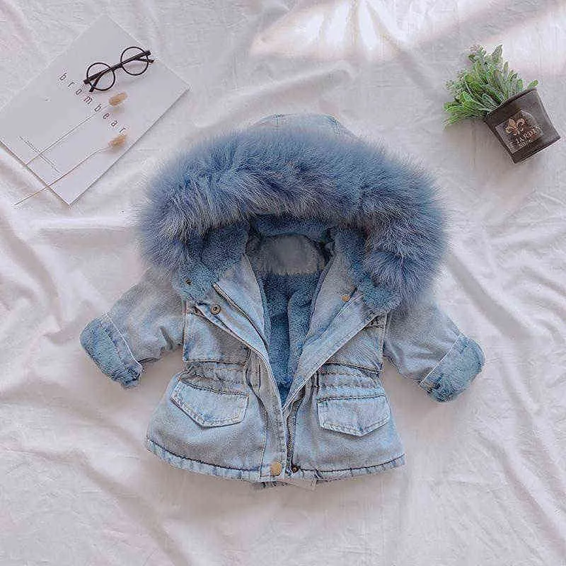 Inverno Autunno Ragazze Giubbotti Cappotti bambini Collo di pelliccia Più Velluto Denim spesso Capispalla bambini Abbigliamento bambini HPY040 211204