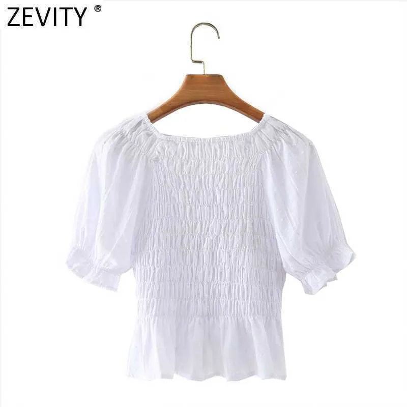 Zevity Style français Femmes V Cou Élastique Ourlet Volants Court Smock Blouse Femme Manches Bouffantes Chemise Blanche Chic Blusas Tops LS9156 210603