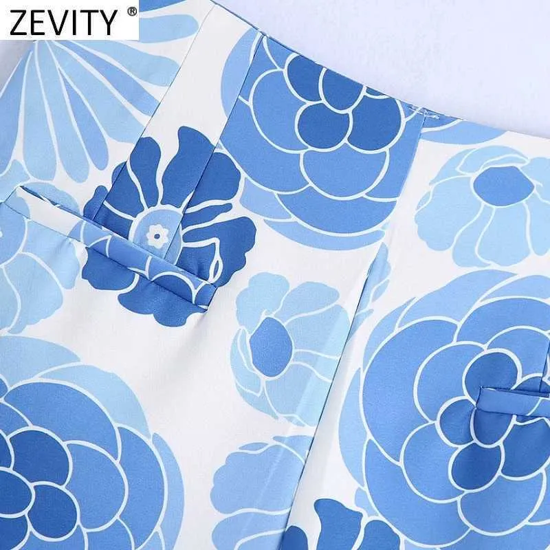 Zevity Women Blue Floral Print Pleat Design Bermuda Shorts Female Chic Zipper Fly Casual Slim Pantalone Cortos P1103 210719