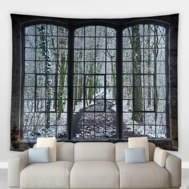 Wandteppiche Retro Vintage Fenster Tapisserie Weißer Schneeland Wald Baum Winterlandschaft Wohnzimmer Schlafzimmer Wandbild Nachttischdecken Wandbehang250O