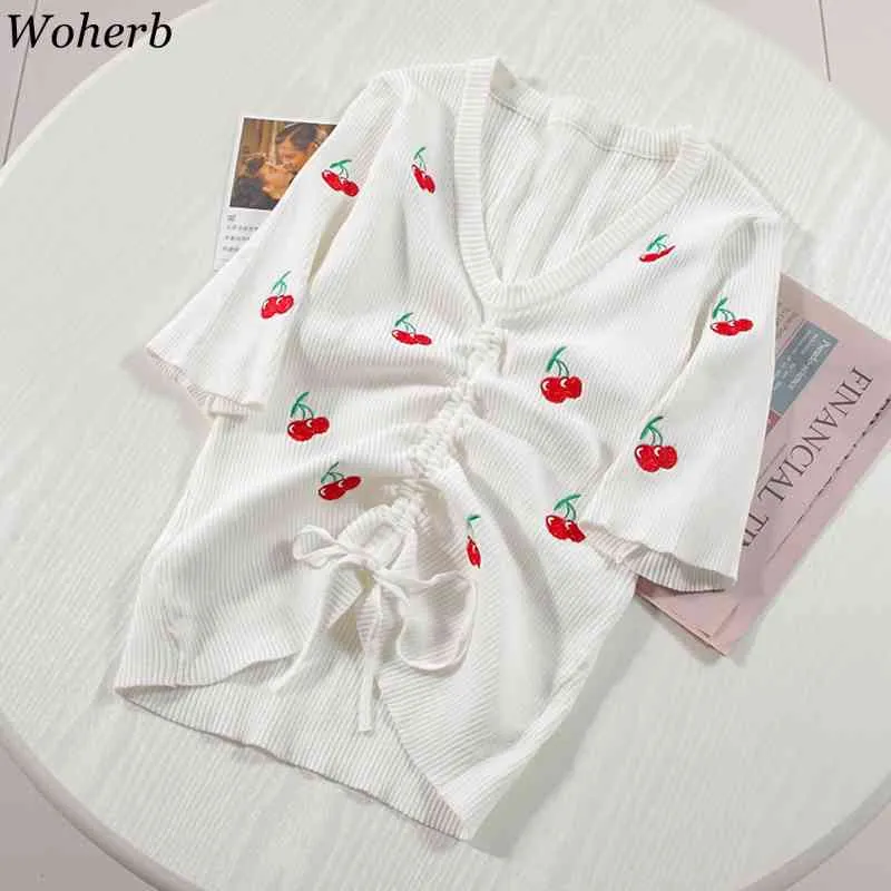 Mulheres t - shirts Drawstring Tops de confecção de confecção de cereja impressão V-pescoço de manga curta camiseta Verão coreano blusa 210519