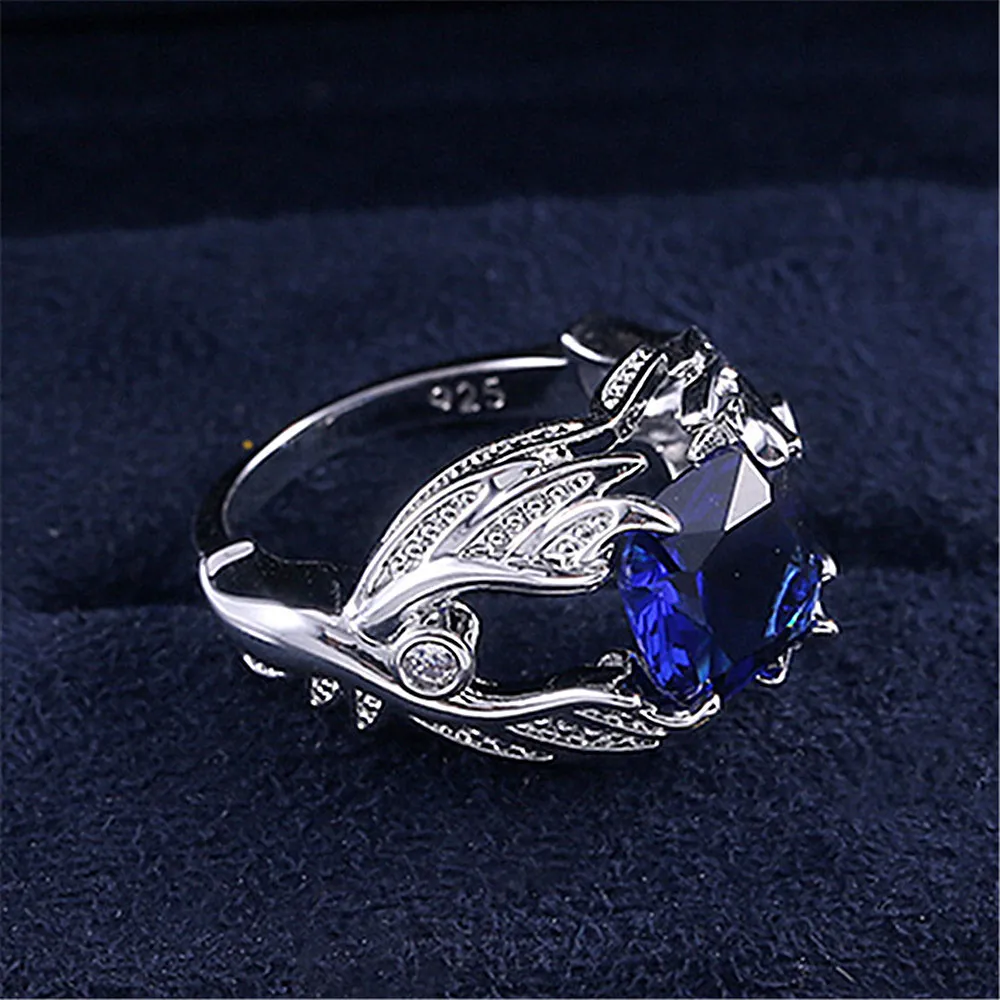 Mode ängel vingar blå kristall safir ädelstenar diamanter ringar för kvinnor män vit guld silver färg smycken bague tillbehör