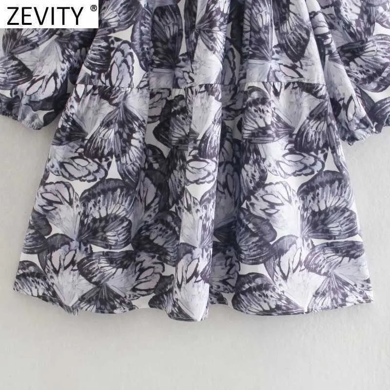 Zevity Women Vintage Square Collar Ink Floral Printing Casual Loose Mini Dress Female Chic Summer Puff Sleeve Vestido DS8168 210603