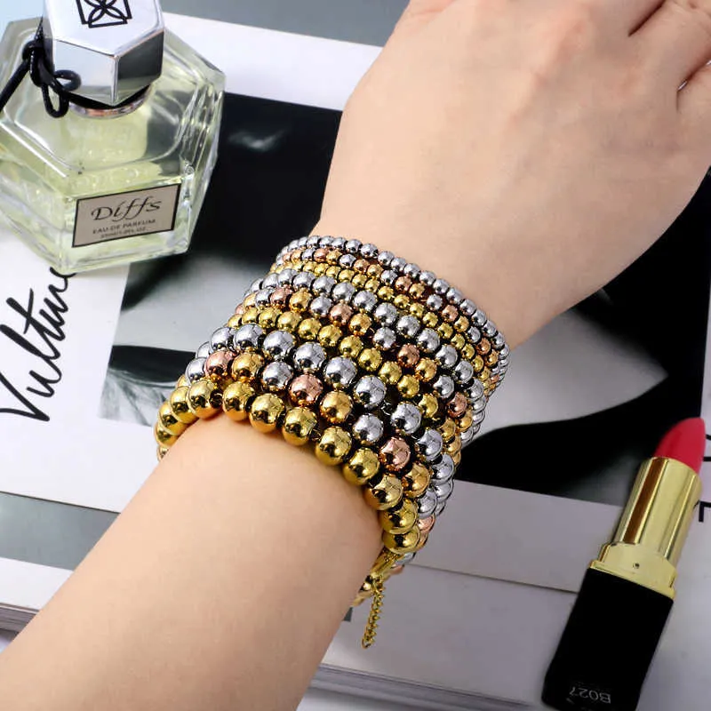 Bracelets de perles en acier inoxydable remplis de couleur or, bijoux pour femmes et hommes, 4/6/8mm, brins de perles personnalisés, vente en gros Q0719