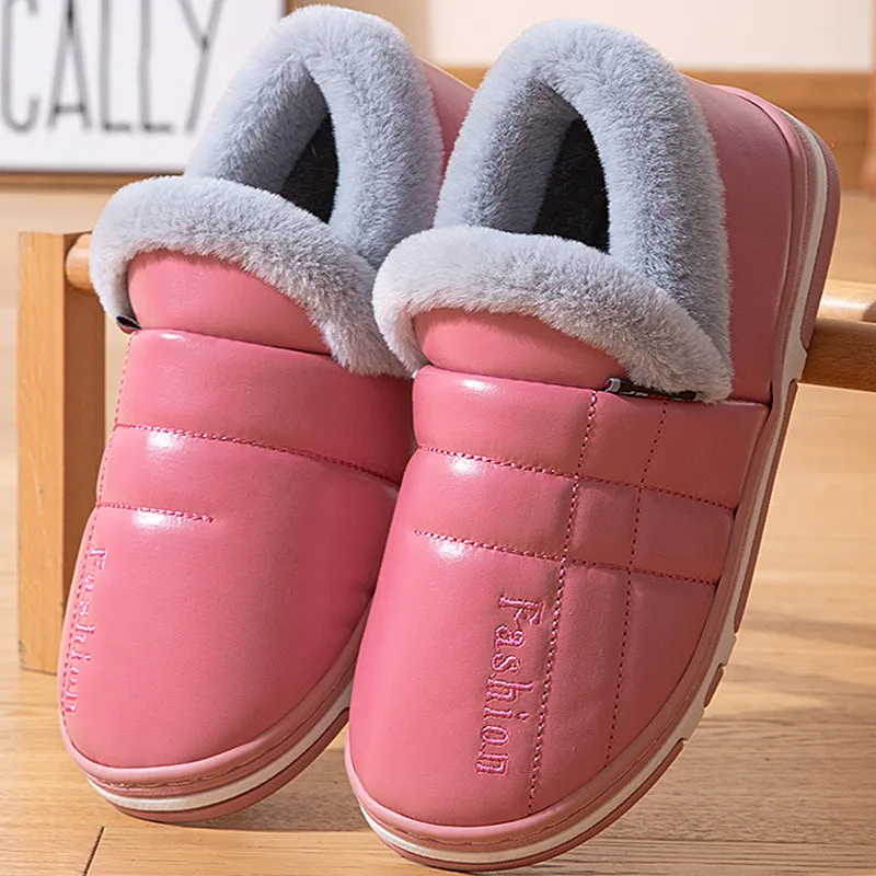 겨울 가죽 면화 슬리퍼 여성 플랫폼 실내 집 슬리퍼 부드러운 미끄럼 방지 따뜻한 집 바닥 슬라이드 야외 면화 신발