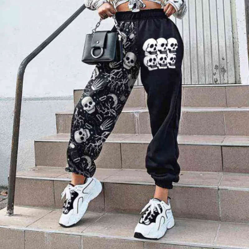 Frauen Casual Schädel Druck Patchwork Hosen Herbst Elastische Taille Tasche Breite Bein Weibliche Streetwear Plus Größe Warme Jogginghose 211124