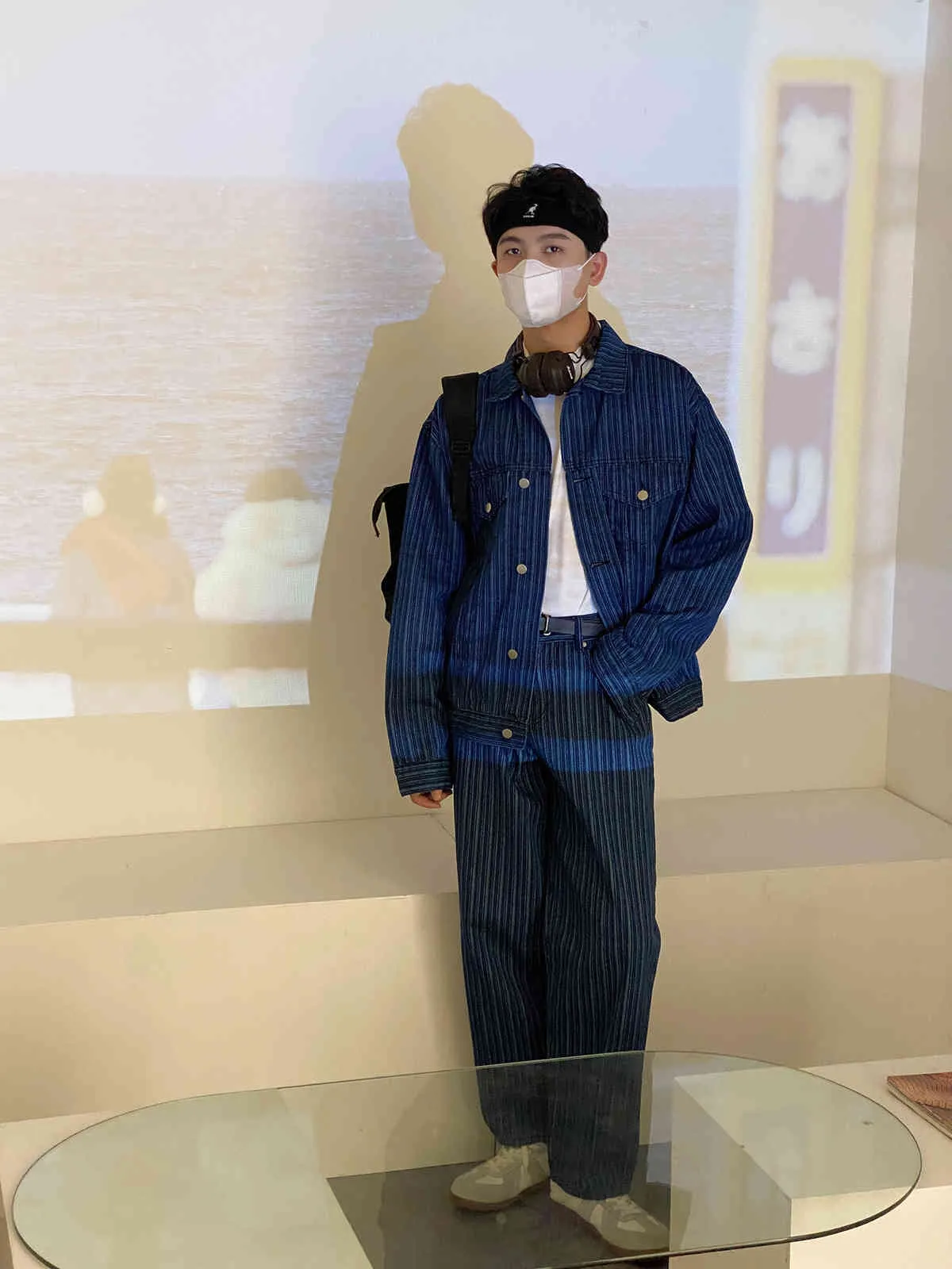 IEFB мужские друпки синие куртки пальто Harajuku Spring мода полосатая одиночная грудь джинсовая одежда мужская повседневная меню 9Y6219 210524