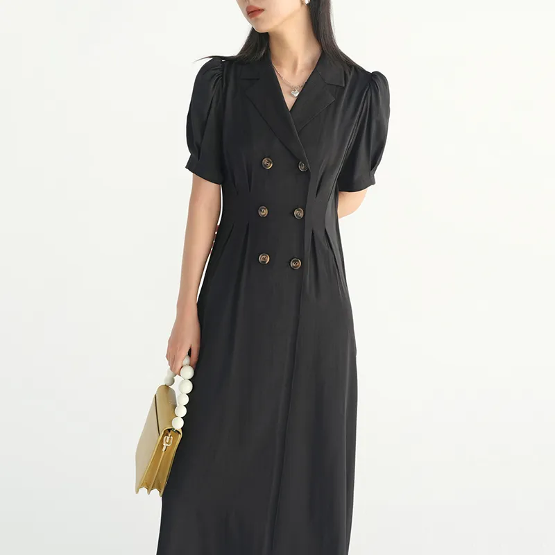 [EAM] Femmes Noir Longue Vintage Robe à double boutonnage Revers à manches courtes Coupe ample Mode Printemps Été 1DD6000 210512