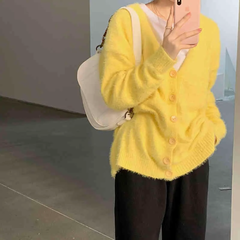 Stylowy koreański V-Neck Ciepłe Wszystkie mecze Clothe Women Loose Streetwear Cardigans Wysokiej jakości swetry 210525