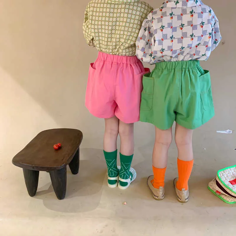 Meisjes katoen kleurrijke losse shorts kinderen kant grote zak casual Koreaanse stijl bodems 210723