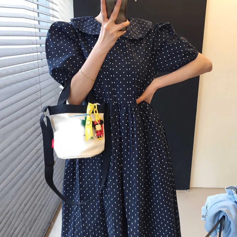 Korejpaa Women Dress Summer Korea Chic Gentle Age-Reducing Doll Collar Contrast Color Polka Dot Pleated Puff Sleeve Vestido 210526
