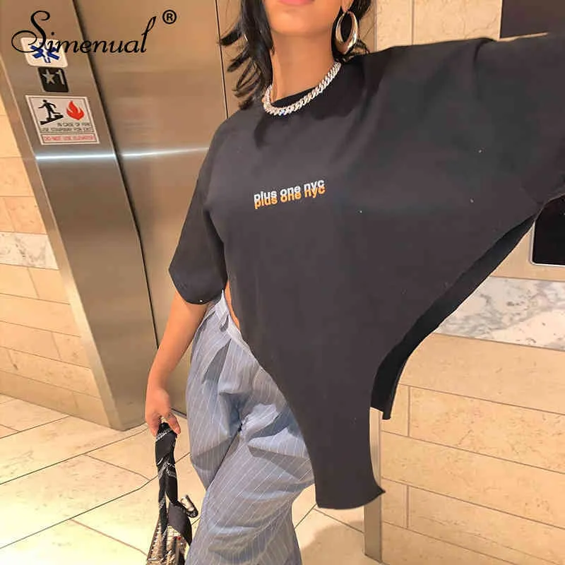 Simenual Letter Print Cut Out Casual T Shirts Oversized Streetwear Short Sleeve Women Crop Top Fashion Streetwear Black Tees Hot Y0508