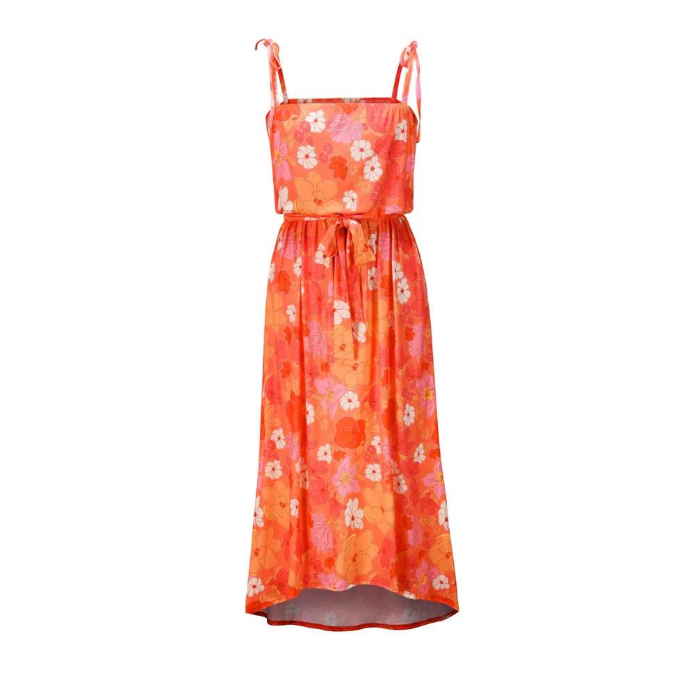 Femmes Robe Bohême es Sexy Long Print Floral Maxi Sans Bretelles À Lacets Spaghetti Strap Beach es 210513