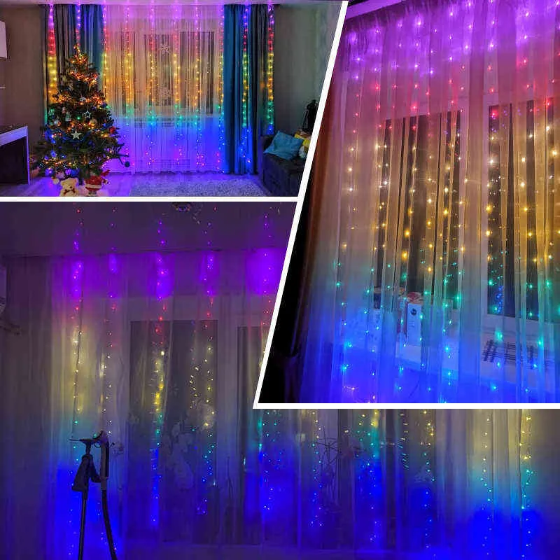 1.5x2m Rainbow Cortina Luces LED String Garland Fairy Icicle Luces decorativas para la fiesta de Navidad Dormitorio Decoración de la boda 211122