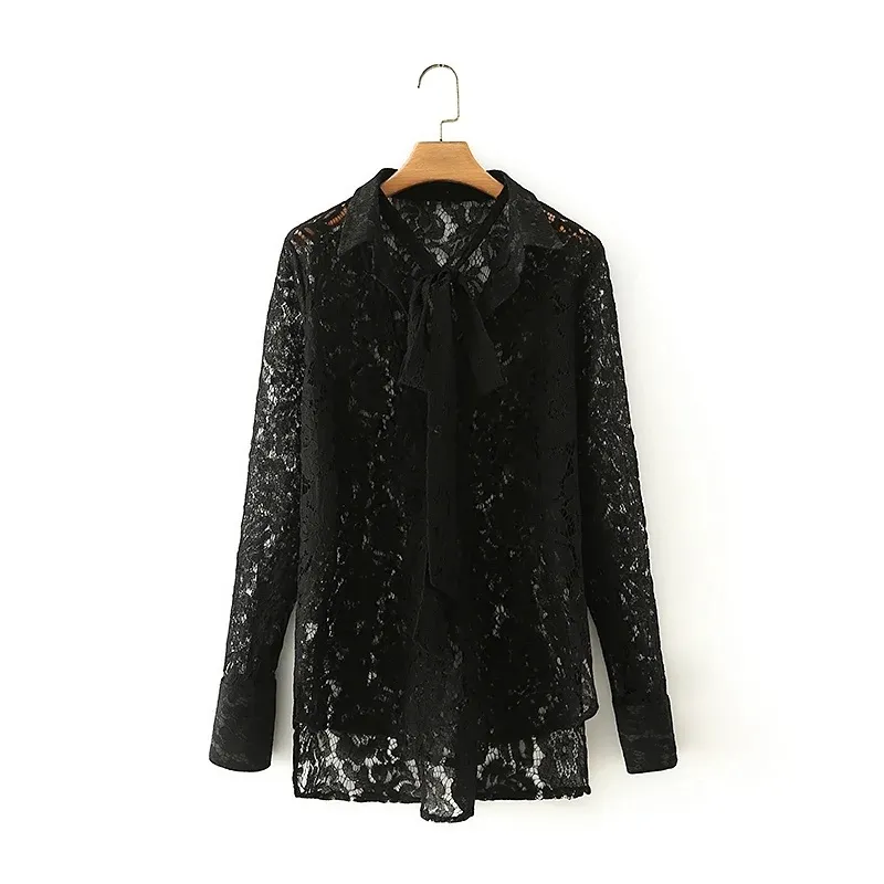 Women Bow Tie Hollow Out Lace Black Blouse Female Long Sleeve Shirt Casual Lady Loose Tops Blusas S8317 210430