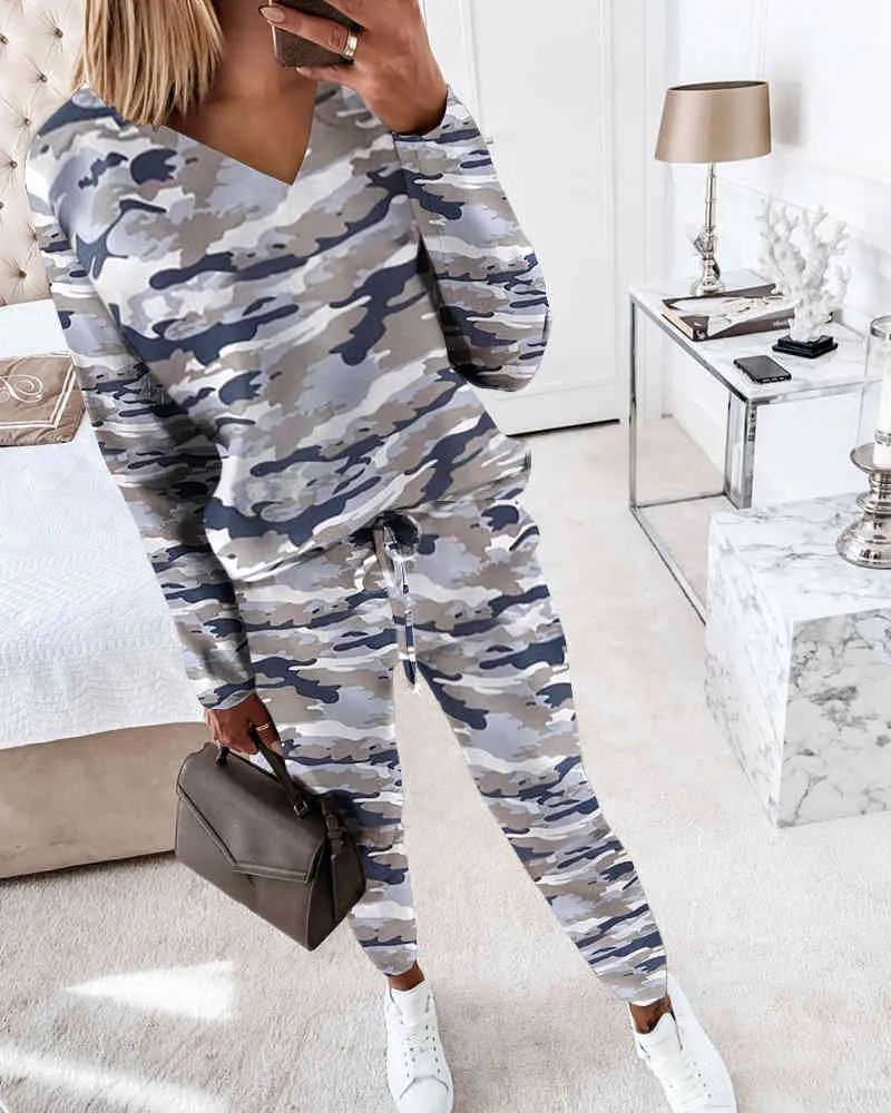 Vårt trend Casual Print O Neck Långärmad Top DString Byxor Två Pieces Set Gym Träning Slitage Kvinnor Tracksuit Sportkläder X0428