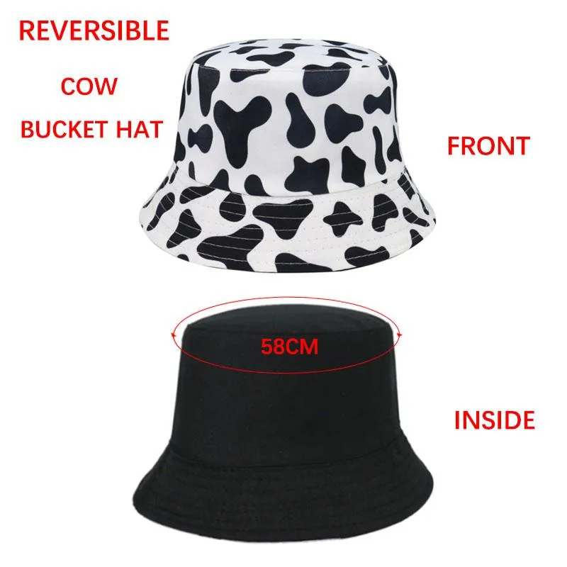 2021 Nouveaux chapeaux de mode réversibles noir blanc motif de vache chapeaux de seau casquettes de pêcheur pour femmes Gorras chapeau d'été en coton est disponible des deux côtés