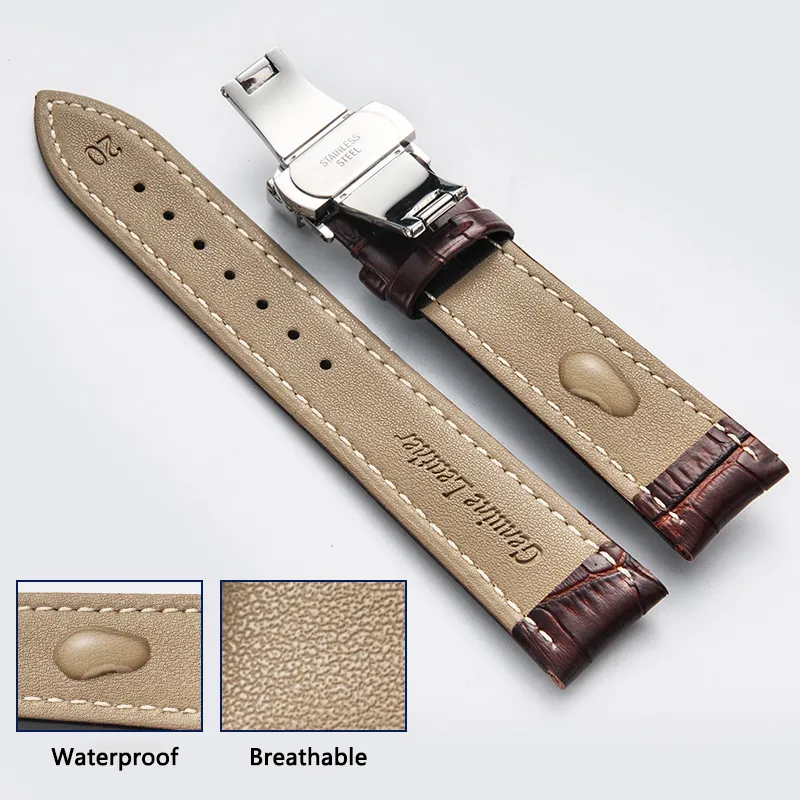 Uniwersalne pasma jakości pasują do paska Rolex Button Ukryte zapięcie podwójnie naciśnięcie motyla skórzana zegarek Brown 20mm249l