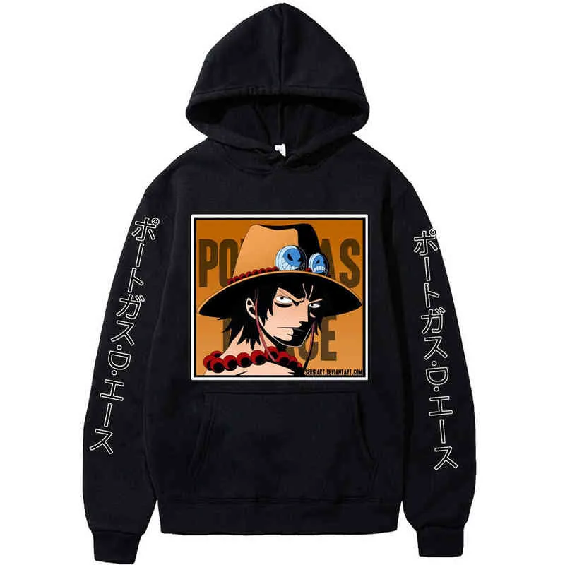 Japanse Anime One Piece Hoodie Mannen Casual Gedrukt Ace Sweatshirt Lange Mouwen Pullover Harajuku Streetwear Hoodie Tops H1227