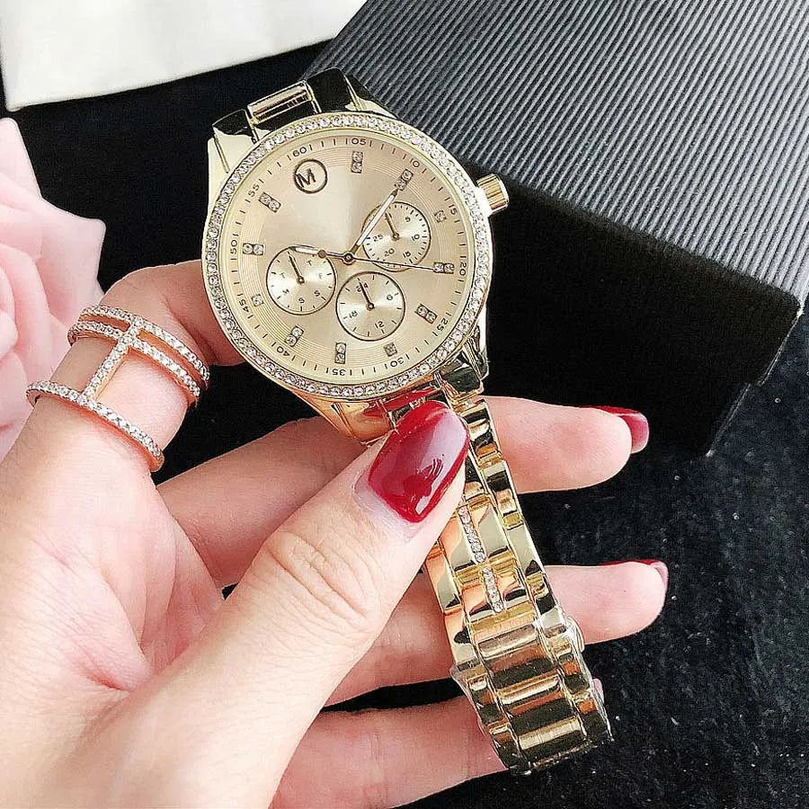 Orologi del marchio Women Girl Diamond Crystal 3 Dials Style Metal Acciaio Acciaio da polso da polso M1346345414