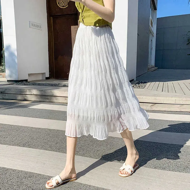 Summer Vintage White Chiffon Long pleated skirt Women Stretch High Waist A-Line Skirt aesthetic Black midi Skirt Faldas Saias 210619