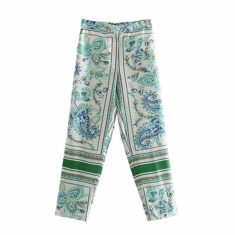 ZA Yeşil Çiçek Baskı Yüksek Bel Pantolon Kadınlar Vintage Elastik Bel Yaz Pantolon Kadın Chic Ön Cepler Rahat Pantolon 210602