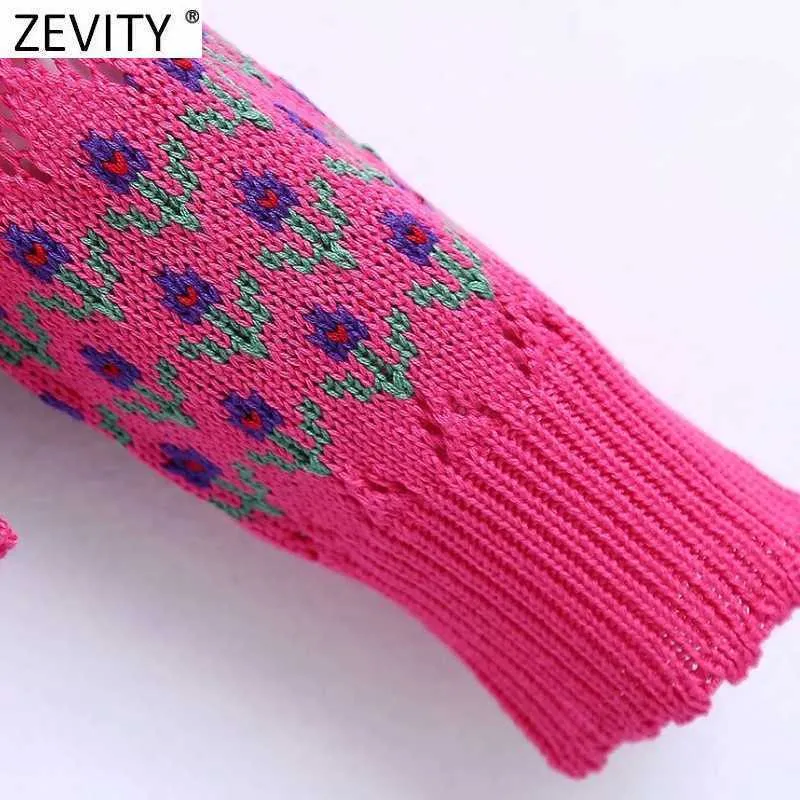 Zevity, suéter de punto de ganchillo calado con bordado Floral y cuello de pico a la moda para mujer, cárdigan elegante de manga larga para mujer, Tops SW832 210603