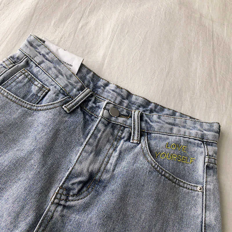 Sommar hög midja blå denim shorts kvinnor brev broderi koreanska bottoms kvinna streetwear jeans rippade 210525