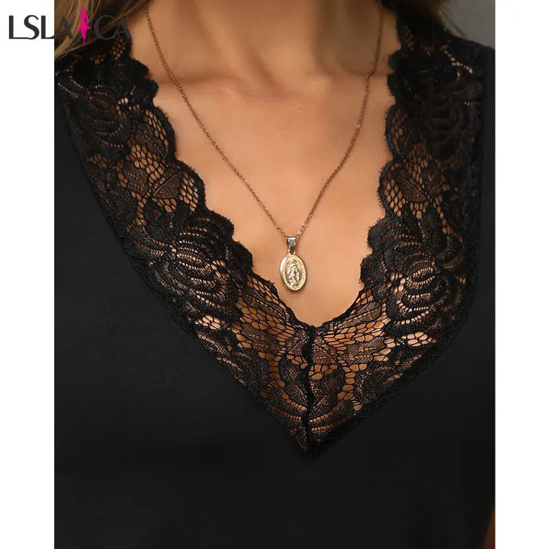 LSLAICA Kvinnors bottenskjorta Svart v-hals ärmlös spetsstygn Sexig elegant tröja Kvinna 210515