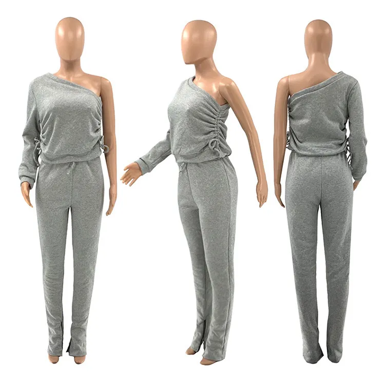 Tracksuit Women Two Piece Outfits One Shoulder Long Sleeve Sexy Tops High Waist Skinny Pants Chic Lady Matching Sets Wholesale 210525