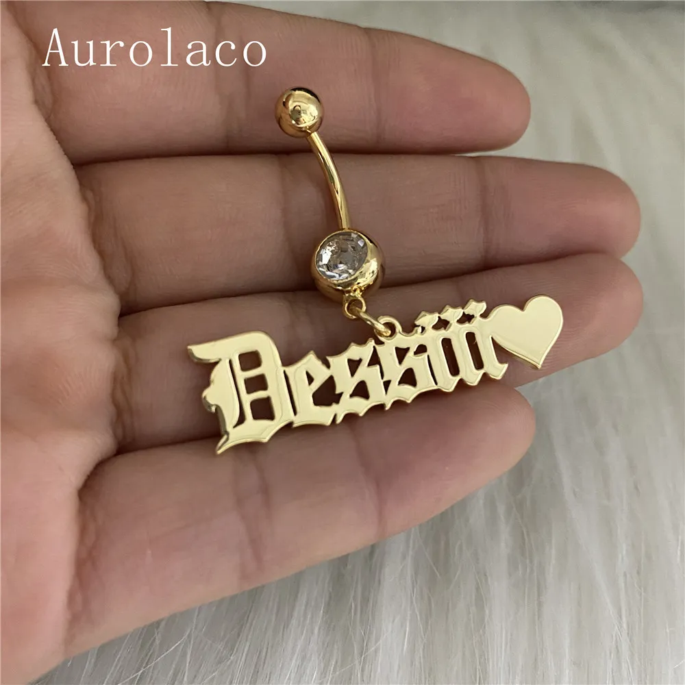 Aurolaco Fashion Name Stainless Steel Custom Body Smycken Zircon Belly Ring Gold Color Gift för Kvinnor