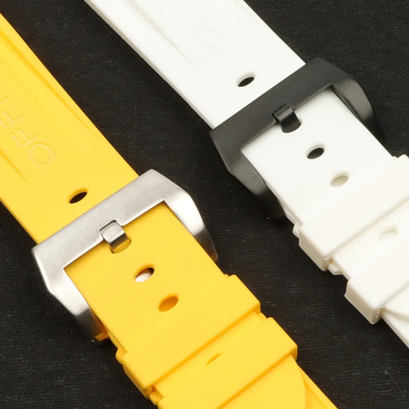 24mm 26mm Yellow White Silicone Rubber Watchband replacement For Panerai watch Strap Pin buckle Waterproof Watch accessories332E