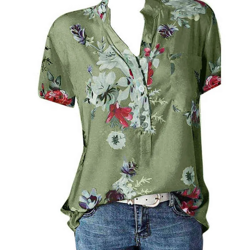 Tempérament nouvelle chemise pour femmes impression grande taille chemise décontractée ample col en v à manches courtes chemisier H1230