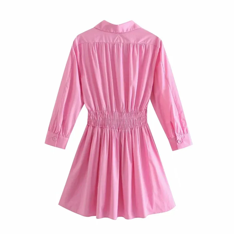 Popeline Rose Court Femme Robes Été Col V Manches Longues Casual Femmes Taille Élastique Bleu Mini Robe 210519