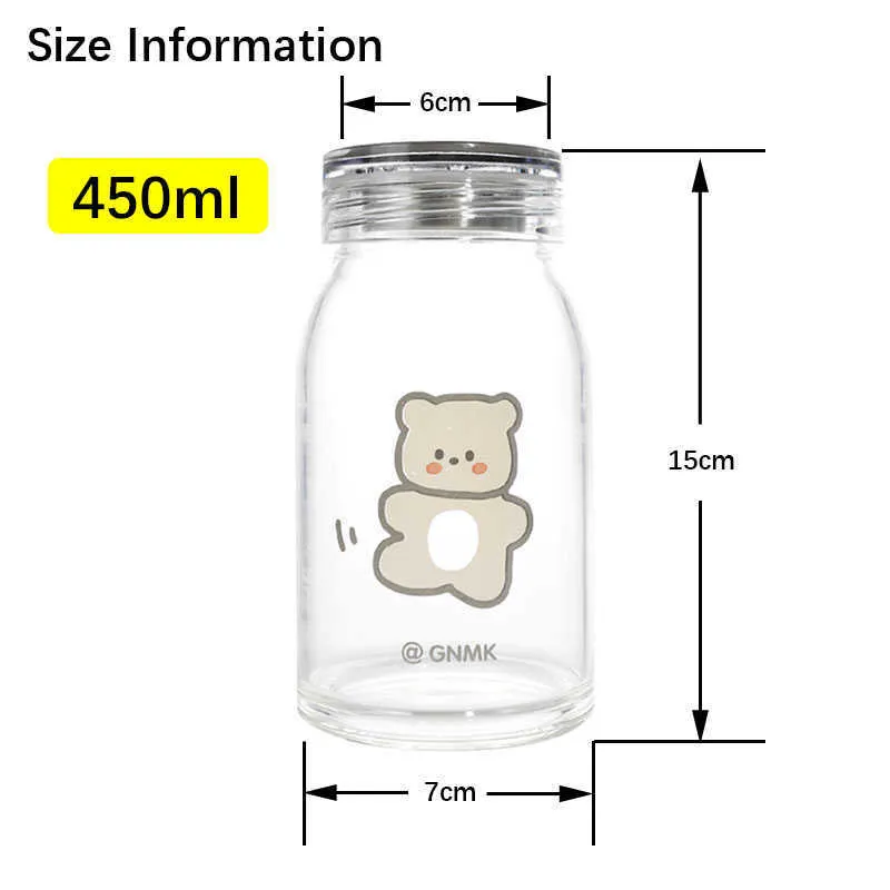 Botella de agua de vidrio de oso de dibujos animados de 450 ml, botellas gruesas resistentes al calor, vasos de café con leche lindos para regalo de niña estudiante 21102213Y