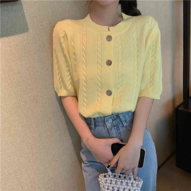 Korean Twisted Knitted Cardigan Tops Women Summer Short Sleeve O-neck Single Breasted Elegant Ladies Sweater Jumpers Femme 210513