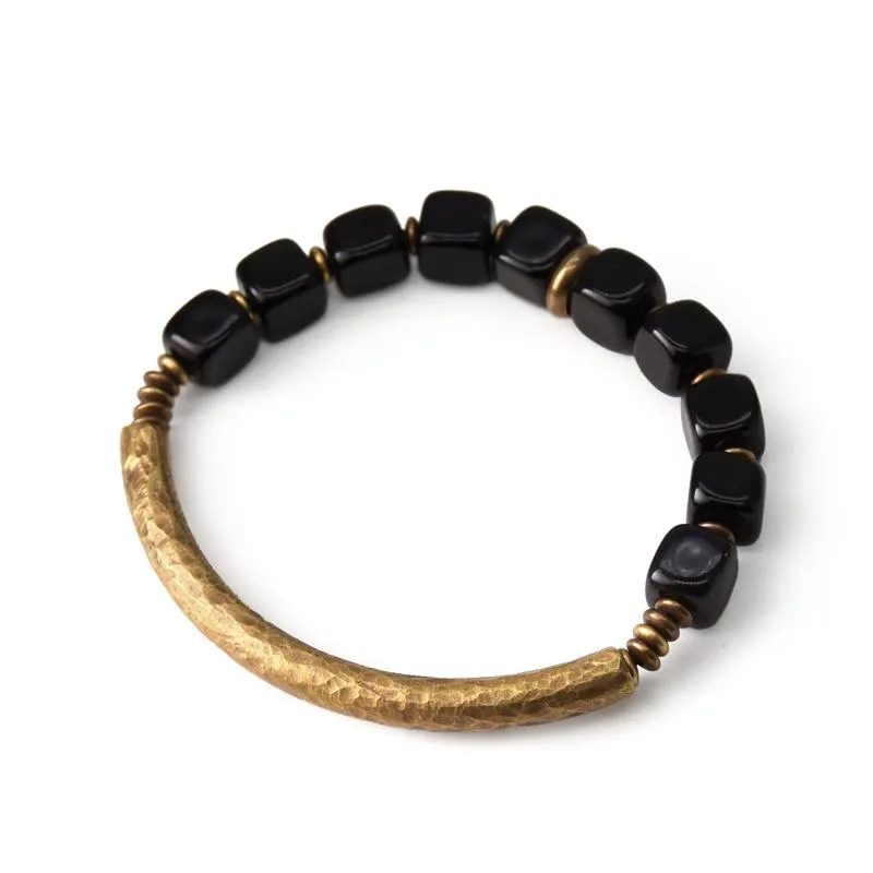 Trendy beschermingssteen kubieke zwarte obsidiaan armband met handgemaakte antieke koperen accessoires sieraden voor mannen en vrouwen Beaded250n