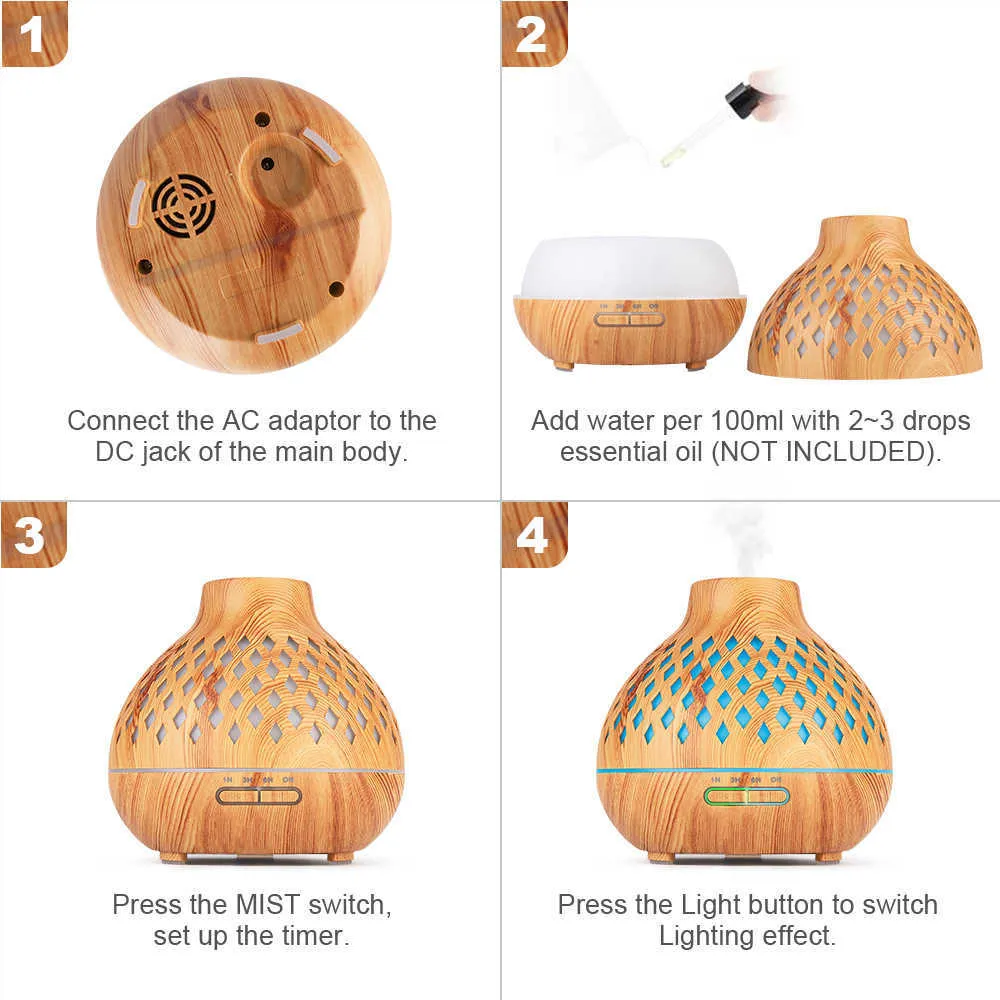 400ml Aroma Essential Oil Diffuser Ultrasonic Air Humidifier With Wood Grain Remote Control Lights For Office Home 210724