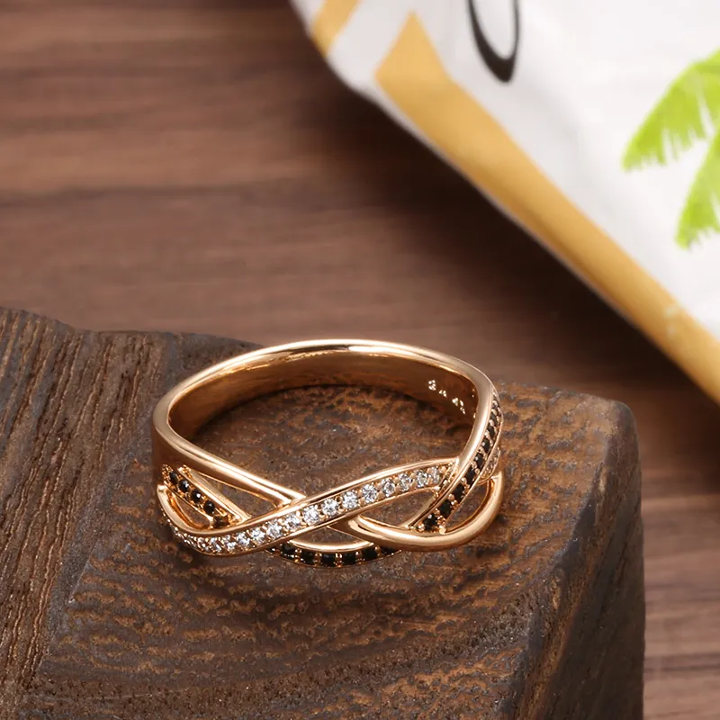 Luxury 18k Rose Gold Natural Black Diamond Ring Geometric Line Cross Wedding Diamond Rings for Women Vintage Fashion Jewelry 220228841945