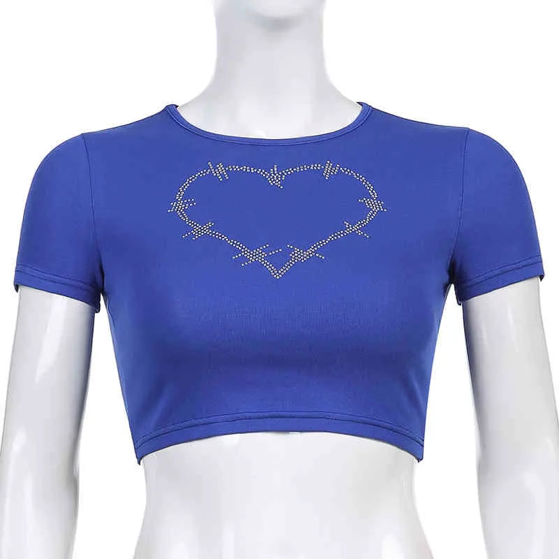 Diamond Heart Pattern Y2K Crop Tops For Girls Female T-Shirts With Short Sleeve Summer Kawaii O-Neck Casual Tee Shirt 210510